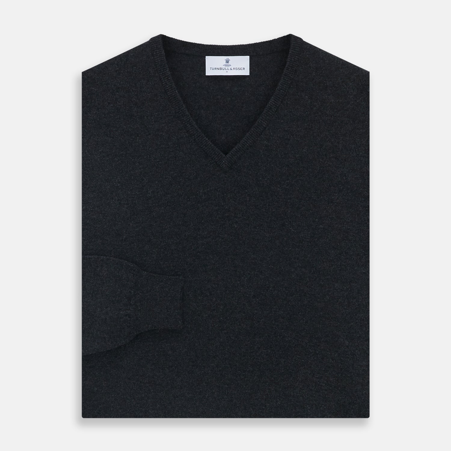 View 3 of product The Turnbull & Asser Charcoal V-Neck Cashmere Jumper, featuring long sleeves, is displayed flat on a white background.