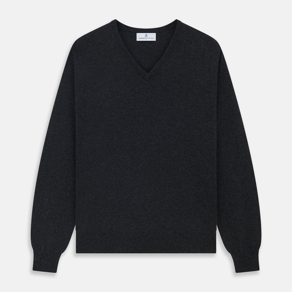 The Turnbull & Asser Charcoal V-Neck Cashmere Jumper, featuring long sleeves, is displayed flat on a white background.