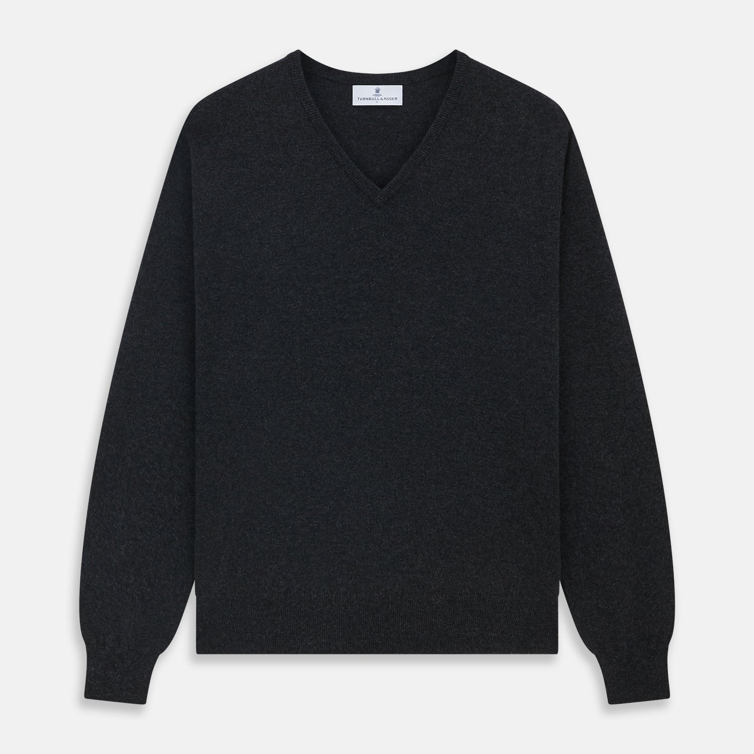 View 1 of product The Turnbull & Asser Charcoal V-Neck Cashmere Jumper, featuring long sleeves, is displayed flat on a white background.