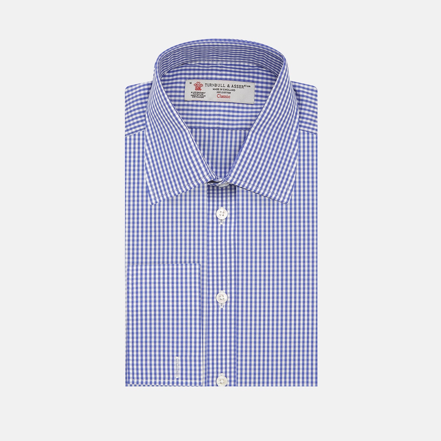 View 1 of product The Turnbull & Asser Mid Blue Gingham Check Shirt features a T&A collar, double cuffs, and white buttons, neatly displayed against a plain white background.