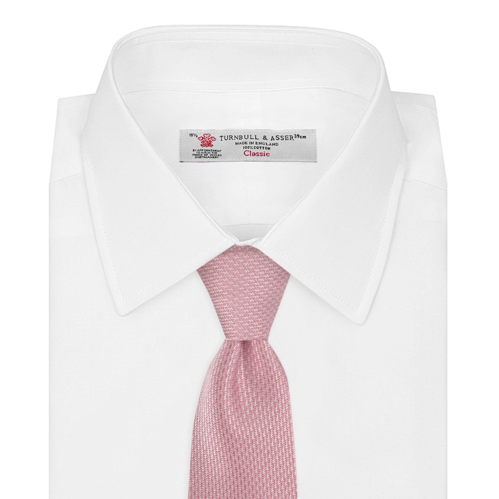 View 2 of product The Turnbull & Asser Pink Houndstooth Silk Tie, featuring a subtle textured pattern, is rolled up and displayed on a plain white background—ideal for pairing with your favorite office shirt.