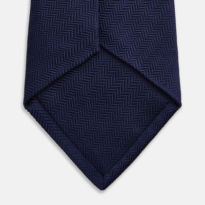 Slim Navy Herringbone Silk Tie Image 3