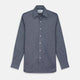 The Turnbull & Asser Plain Blue Oxford Weekend Fit Shirt features a Derby collar, 1-button cuffs, and a smart-casual look—perfect for weekends. Displayed flat on a white background.