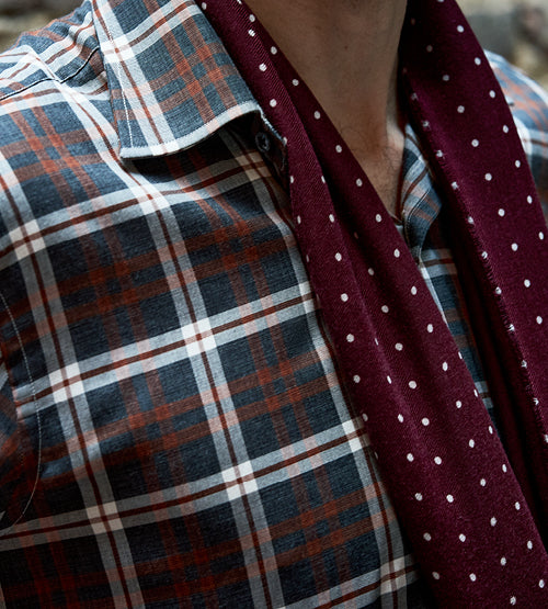 A close-up of a person wearing a blue, white, and orange plaid shirt with a burgundy scarf featuring white polka dots draped around their neck.