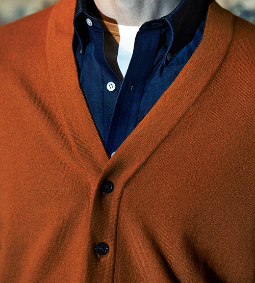 A person wearing a dark blue button-up shirt layered under a rust-orange buttoned cardigan sweater, shown from the neck to the torso.