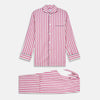 View 1 of product The Turnbull & Asser Pink Candy Stripe Cotton Traditional Pyjamas feature long sleeves, pants, vertical pink candy stripes, a camp collar shirt with buttons, chest pocket, and navy trim on the pocket and cuffs.