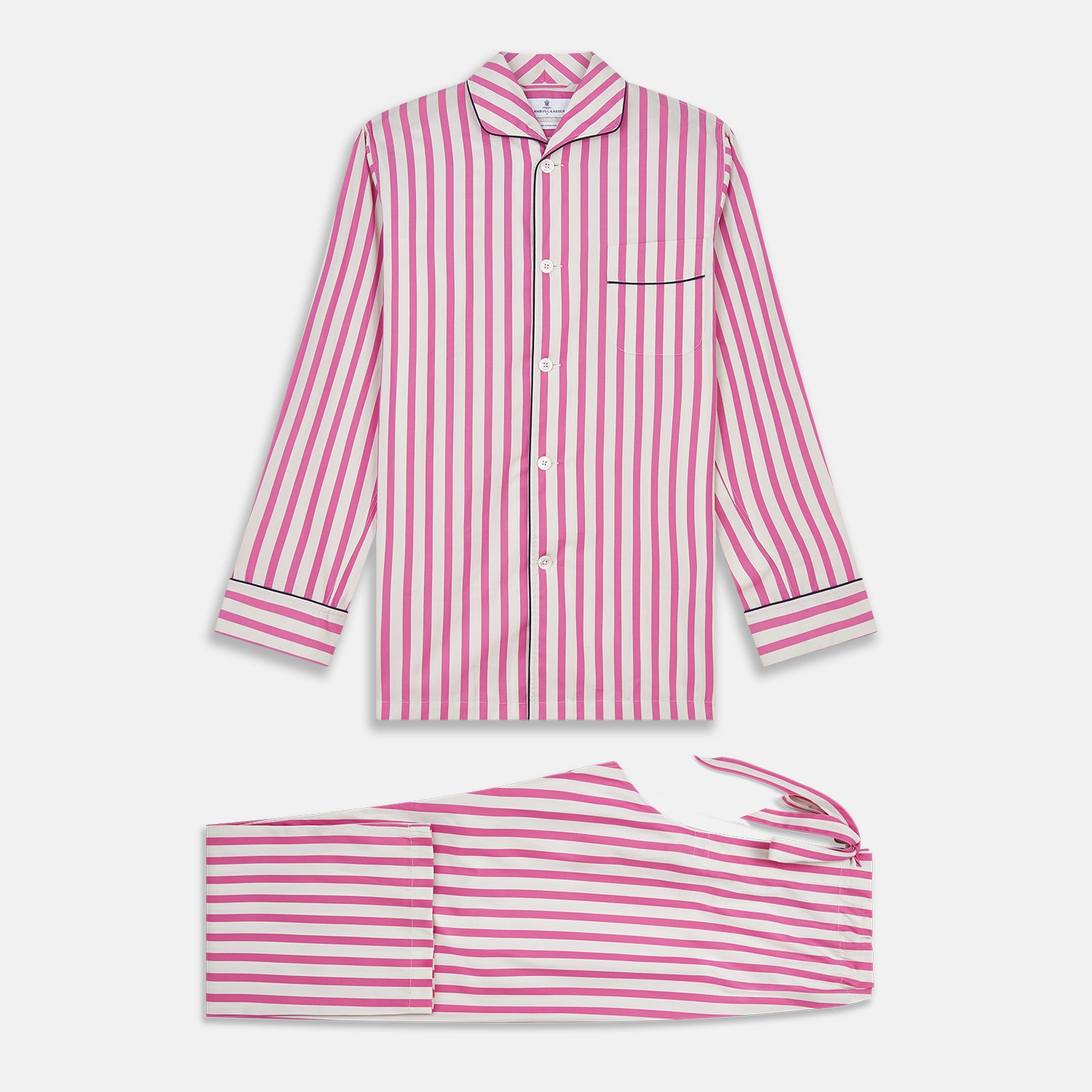 View 1 of product The Turnbull & Asser Pink Candy Stripe Cotton Traditional Pyjamas feature long sleeves, pants, vertical pink candy stripes, a camp collar shirt with buttons, chest pocket, and navy trim on the pocket and cuffs.