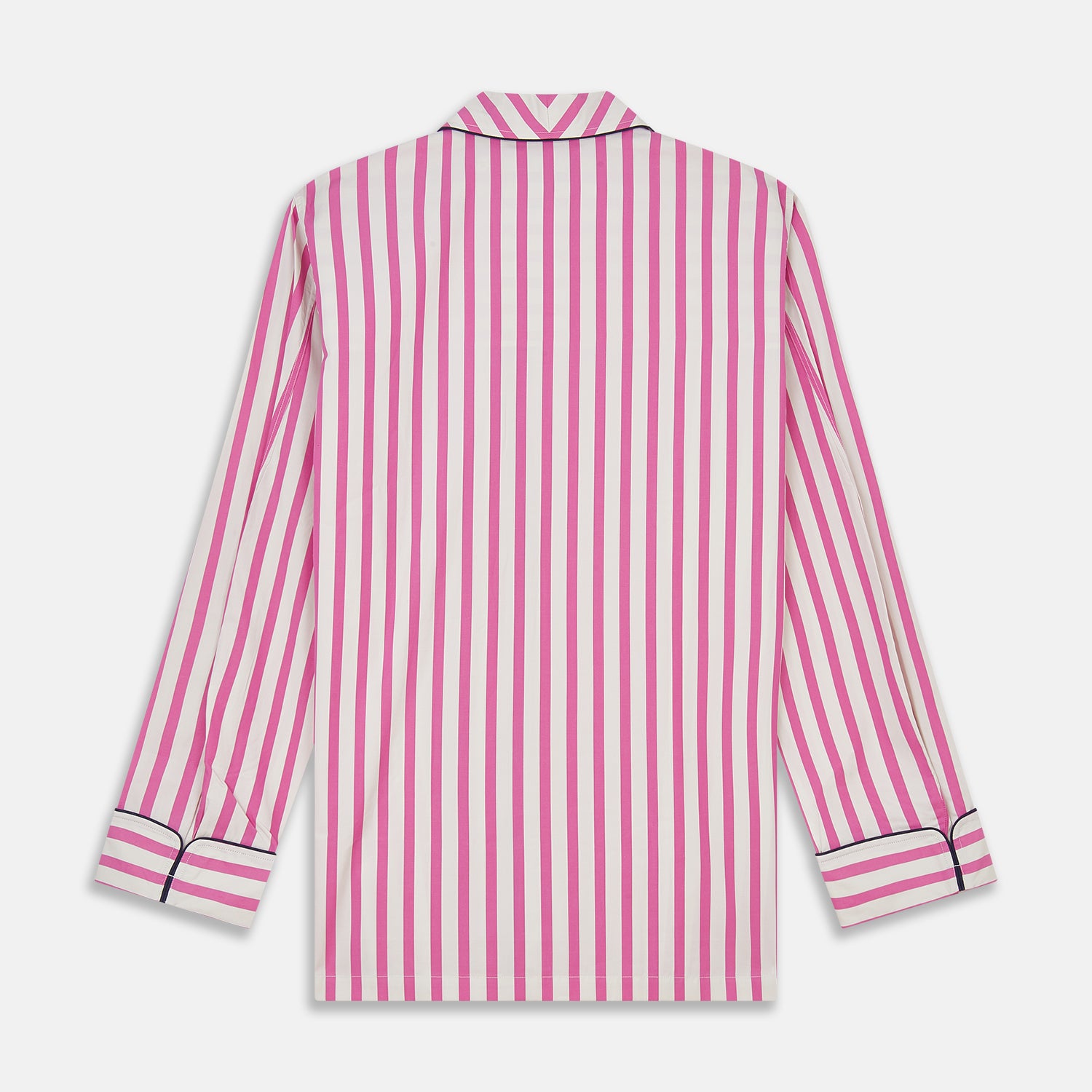 View 8 of product The Turnbull & Asser Pink Candy Stripe Cotton Traditional Pyjamas feature long sleeves, pants, vertical pink candy stripes, a camp collar shirt with buttons, chest pocket, and navy trim on the pocket and cuffs.