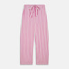 View 7 of product The Turnbull & Asser Pink Candy Stripe Cotton Traditional Pyjamas feature long sleeves, pants, vertical pink candy stripes, a camp collar shirt with buttons, chest pocket, and navy trim on the pocket and cuffs.