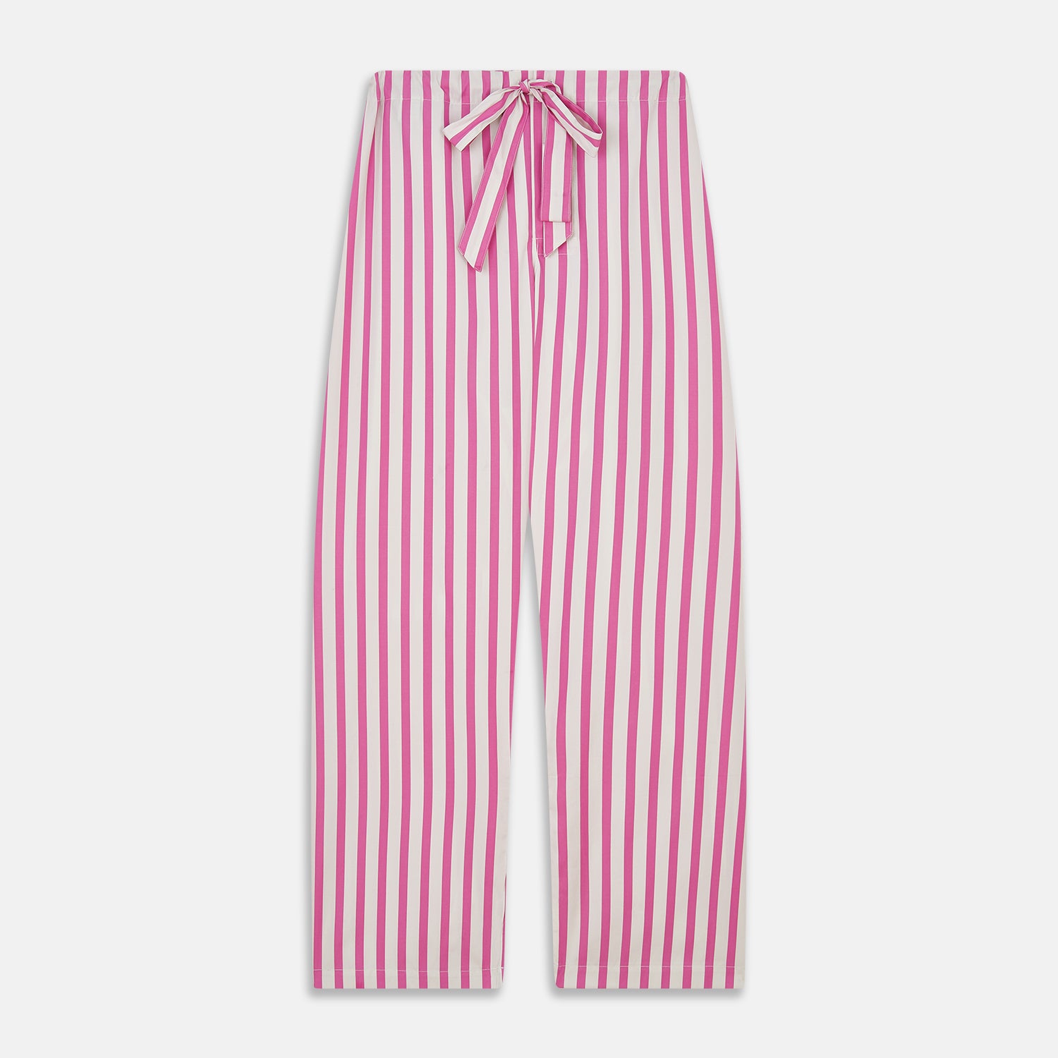 View 7 of product The Turnbull & Asser Pink Candy Stripe Cotton Traditional Pyjamas feature long sleeves, pants, vertical pink candy stripes, a camp collar shirt with buttons, chest pocket, and navy trim on the pocket and cuffs.