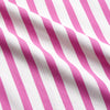 View 6 of product The Turnbull & Asser Pink Candy Stripe Cotton Traditional Pyjamas feature long sleeves, pants, vertical pink candy stripes, a camp collar shirt with buttons, chest pocket, and navy trim on the pocket and cuffs.