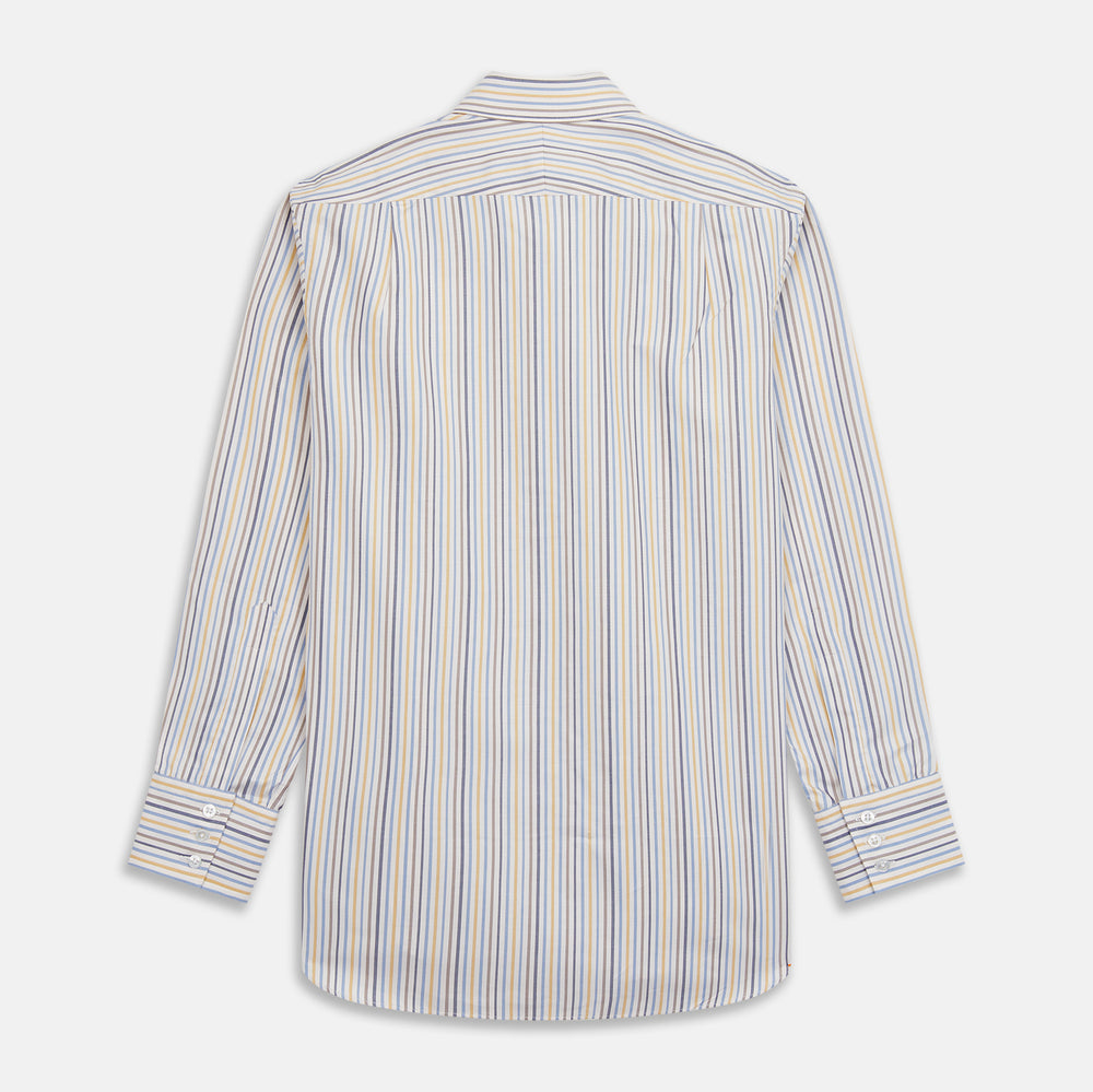 The Turnbull & Asser Yellow Multi Stripe Regular Fit Shirt features a T&A collar, 3 button cuffs, and thin blue, yellow, and light brown stripes on white for a classic formal look.