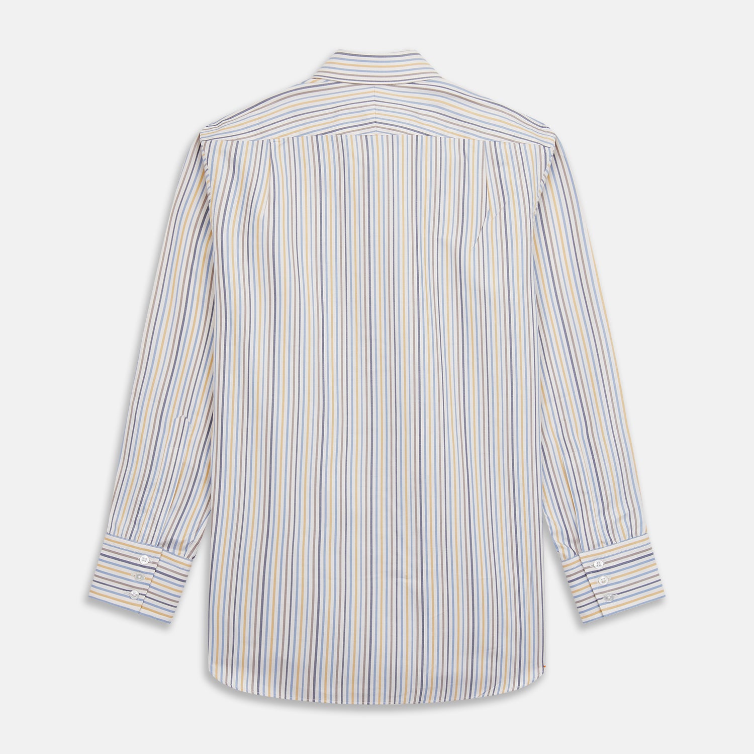 View 5 of product The Turnbull & Asser Yellow Multi Stripe Regular Fit Shirt features a T&A collar, 3 button cuffs, and thin blue, yellow, and light brown stripes on white for a classic formal look.