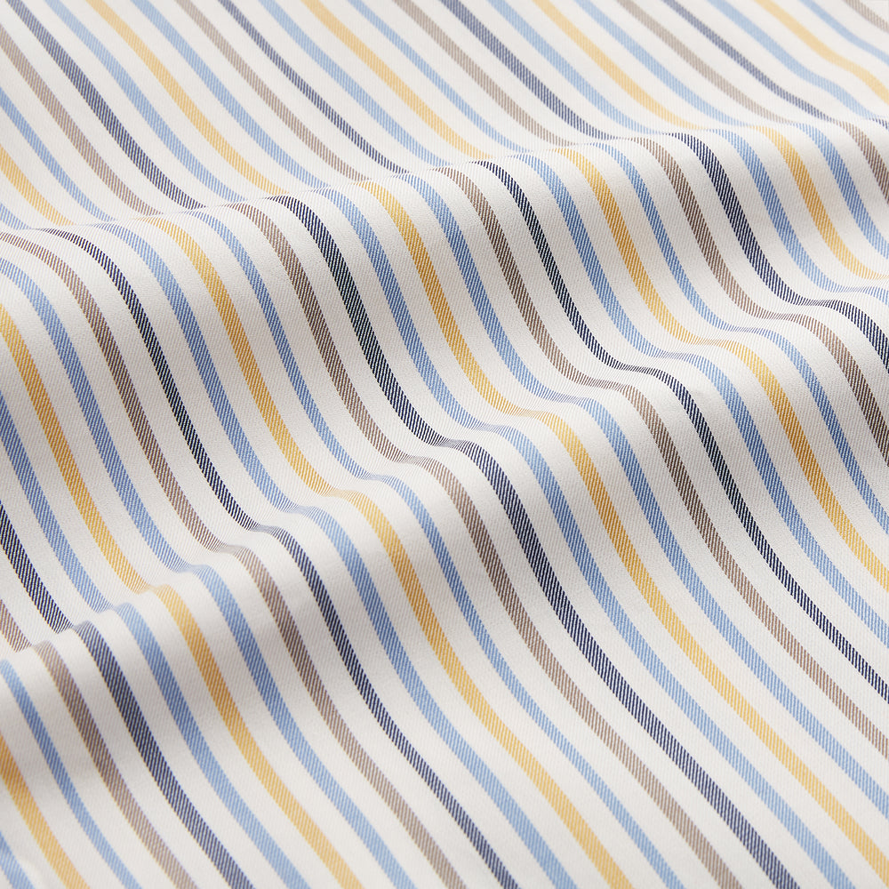The Turnbull & Asser Yellow Multi Stripe Regular Fit Shirt features a T&A collar, 3 button cuffs, and thin blue, yellow, and light brown stripes on white for a classic formal look.