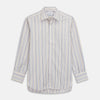 View 1 of product The Turnbull & Asser Yellow Multi Stripe Regular Fit Shirt features a T&A collar, 3 button cuffs, and thin blue, yellow, and light brown stripes on white for a classic formal look.