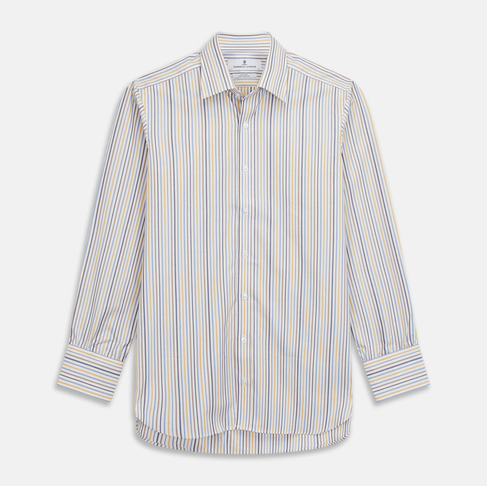 The Turnbull & Asser Yellow Multi Stripe Regular Fit Shirt features a T&A collar, 3 button cuffs, and thin blue, yellow, and light brown stripes on white for a classic formal look.