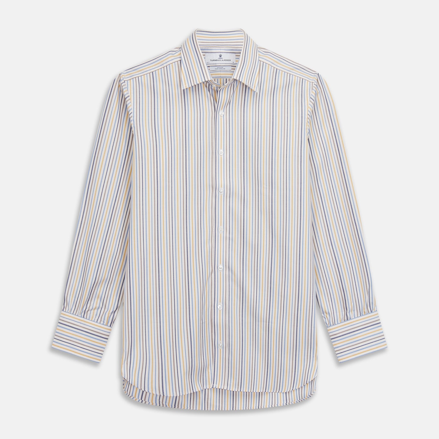 View 1 of product The Turnbull & Asser Yellow Multi Stripe Regular Fit Shirt features a T&A collar, 3 button cuffs, and thin blue, yellow, and light brown stripes on white for a classic formal look.