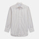 The Turnbull & Asser Yellow Multi Stripe Regular Fit Shirt features a T&A collar, 3 button cuffs, and thin blue, yellow, and light brown stripes on white for a classic formal look.