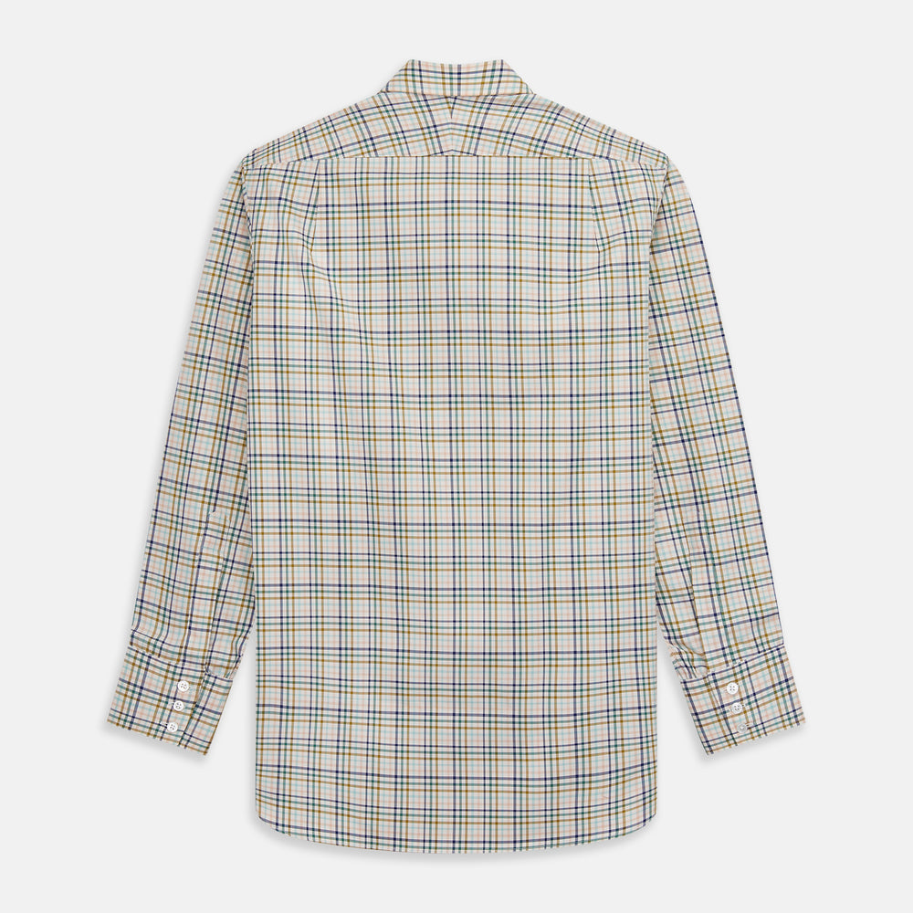 The Turnbull & Asser Green Multi Check Regular Fit Shirt features a T&A collar, 3 button cuffs, and a vibrant yellow, blue, and green check pattern on white. Inspired by Harriet Smith.