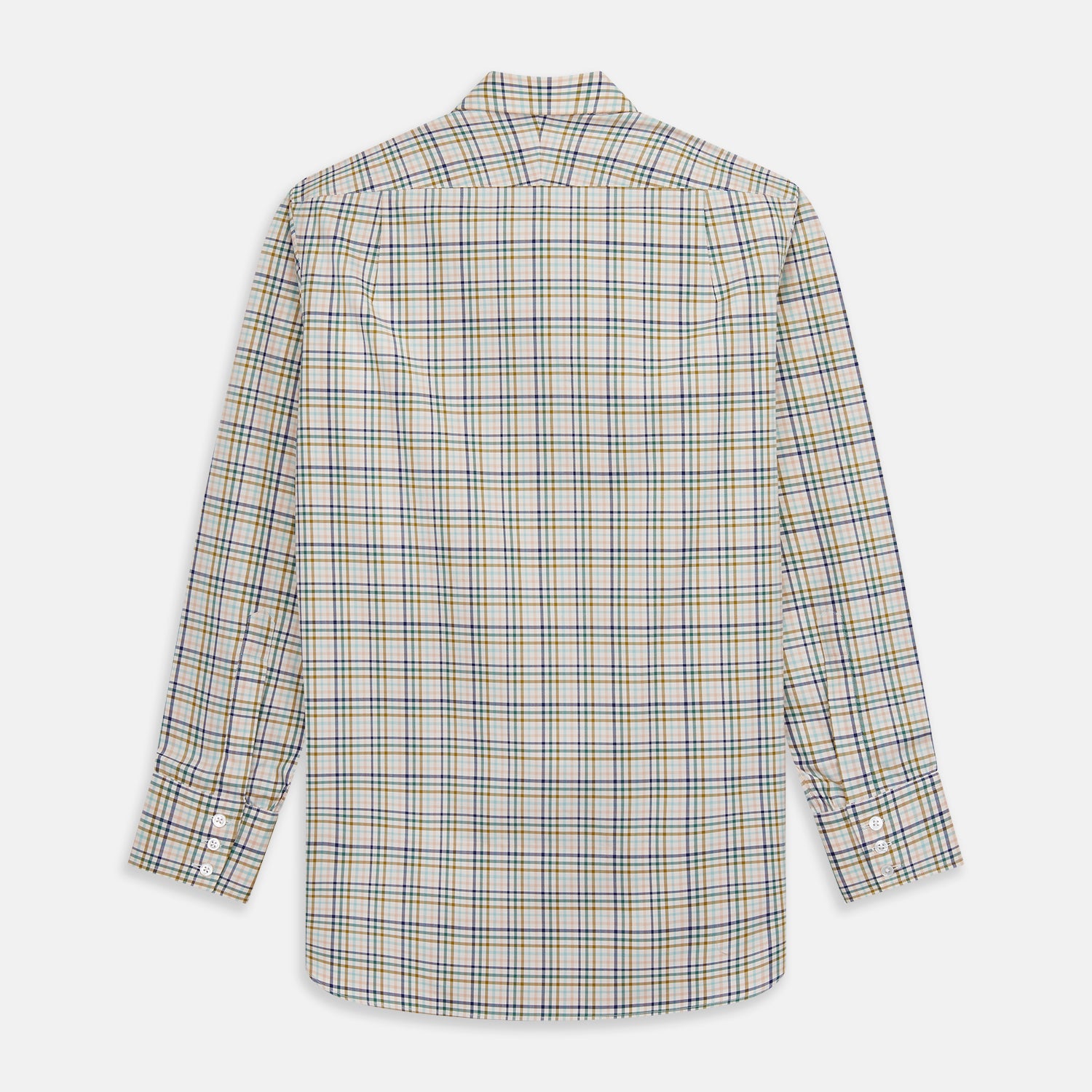 View 5 of product The Turnbull & Asser Green Multi Check Regular Fit Shirt features a T&A collar, 3 button cuffs, and a vibrant yellow, blue, and green check pattern on white. Inspired by Harriet Smith.