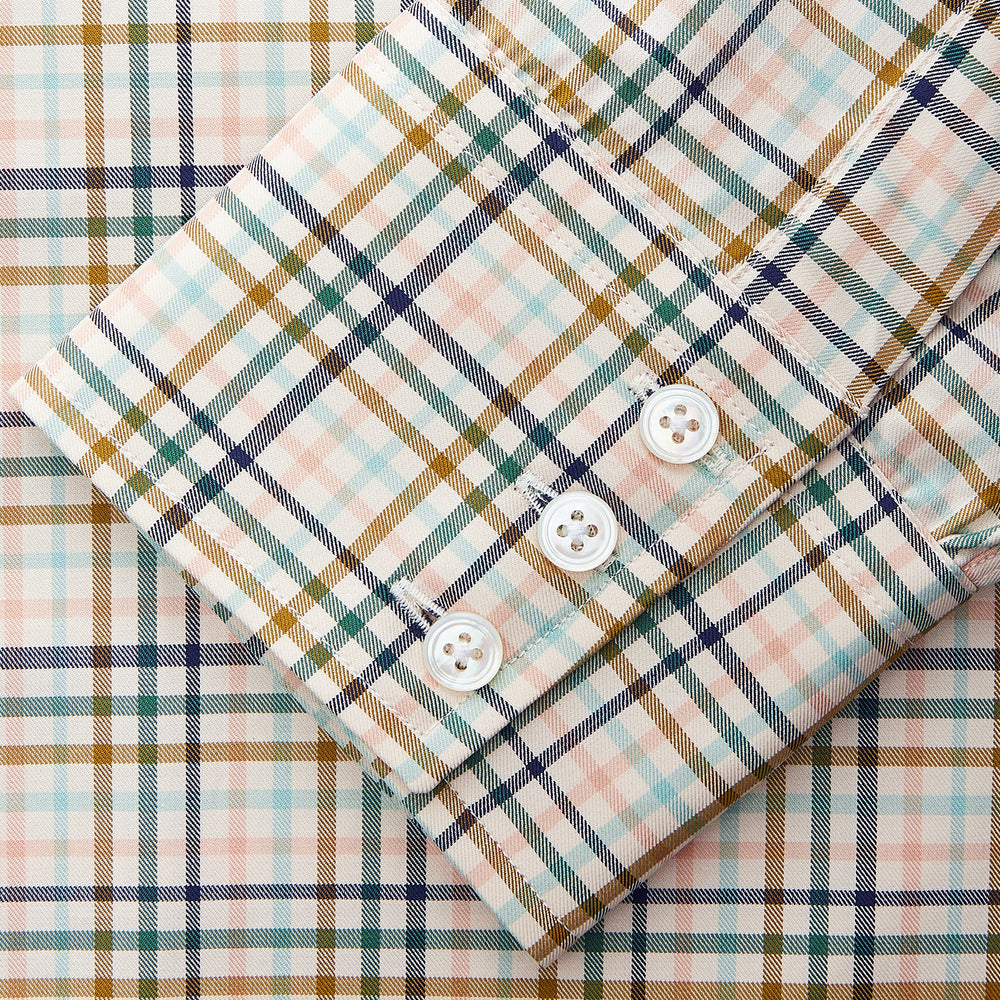 The Turnbull & Asser Green Multi Check Regular Fit Shirt features a T&A collar, 3 button cuffs, and a vibrant yellow, blue, and green check pattern on white. Inspired by Harriet Smith.