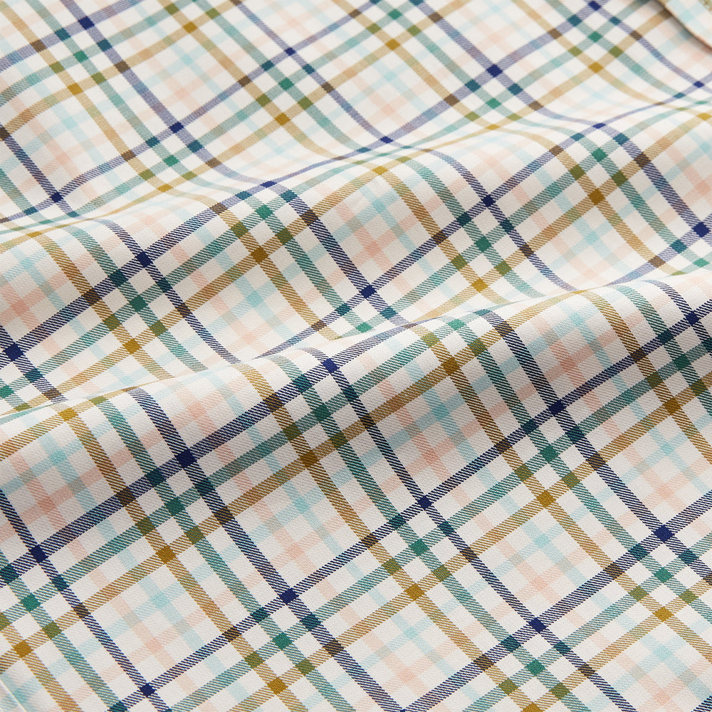The Turnbull & Asser Green Multi Check Regular Fit Shirt features a T&A collar, 3 button cuffs, and a vibrant yellow, blue, and green check pattern on white. Inspired by Harriet Smith.