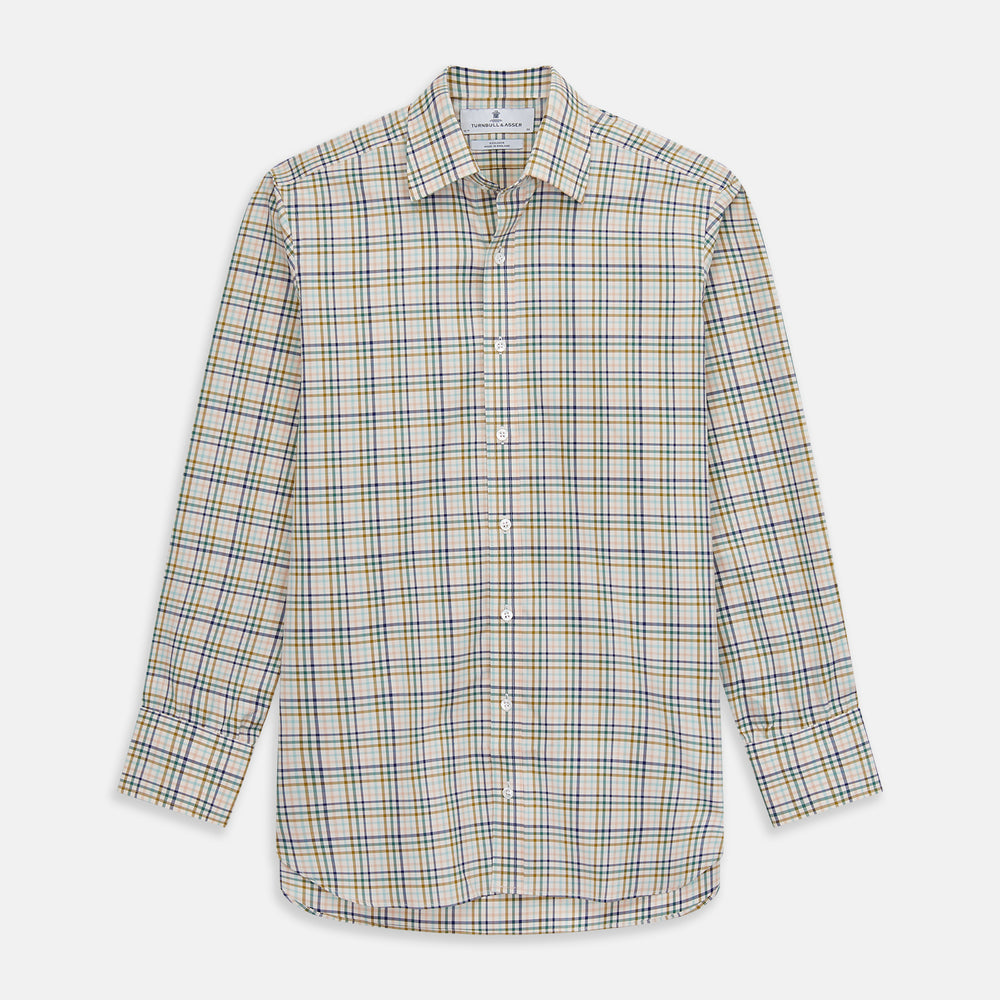 The Turnbull & Asser Green Multi Check Regular Fit Shirt features a T&A collar, 3 button cuffs, and a vibrant yellow, blue, and green check pattern on white. Inspired by Harriet Smith.