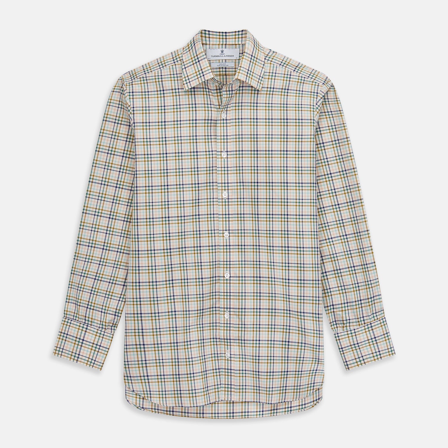View 1 of product The Turnbull & Asser Green Multi Check Regular Fit Shirt features a T&A collar, 3 button cuffs, and a vibrant yellow, blue, and green check pattern on white. Inspired by Harriet Smith.