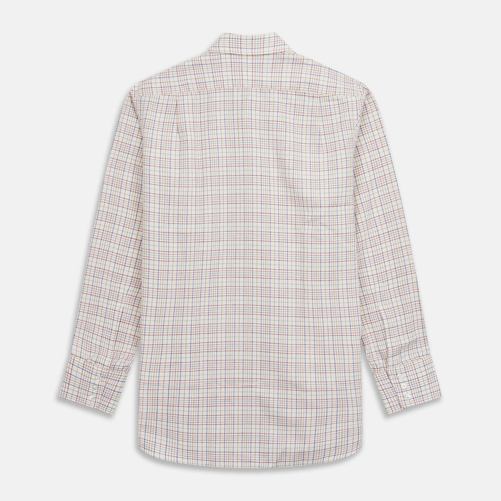 The Turnbull & Asser Red Multi Check Regular Fit Cotton-Cashmere Shirt features a T&A collar, 3 button cuffs, and a multicolored check pattern on white, shown laid flat against a white surface.