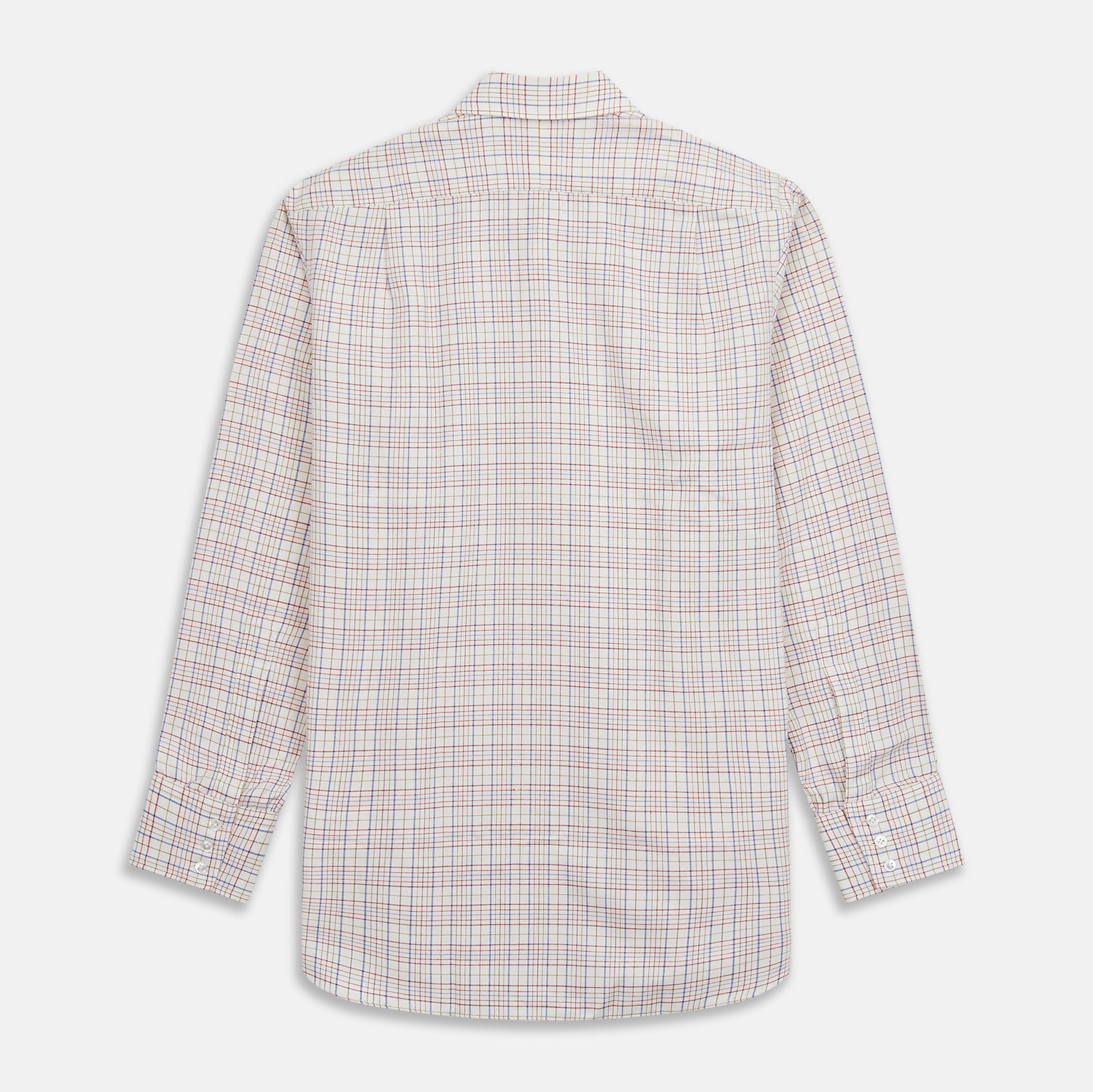View 5 of product The Turnbull & Asser Red Multi Check Regular Fit Cotton-Cashmere Shirt features a T&A collar, 3 button cuffs, and a multicolored check pattern on white, shown laid flat against a white surface.