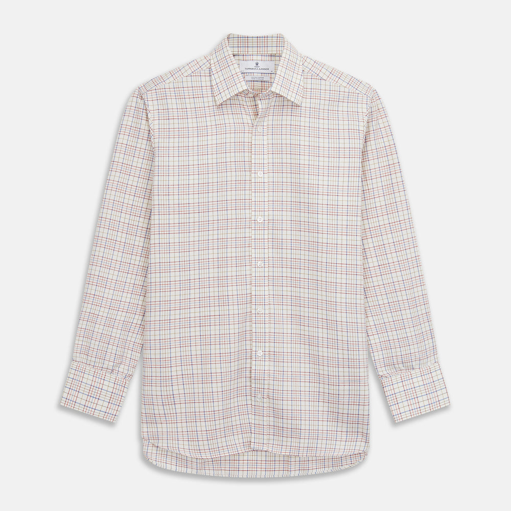 The Turnbull & Asser Red Multi Check Regular Fit Cotton-Cashmere Shirt features a T&A collar, 3 button cuffs, and a multicolored check pattern on white, shown laid flat against a white surface.