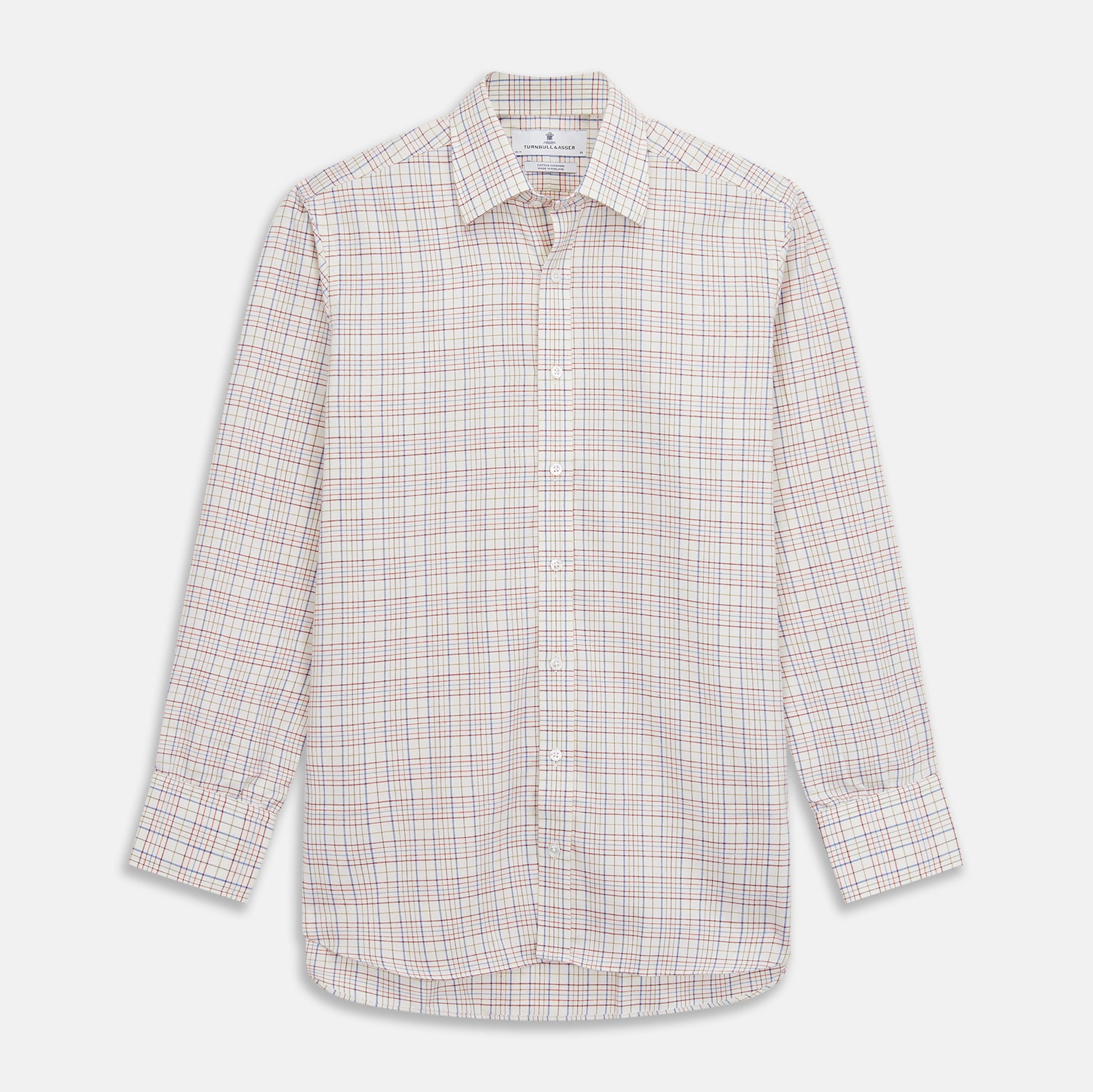 View 1 of product The Turnbull & Asser Red Multi Check Regular Fit Cotton-Cashmere Shirt features a T&A collar, 3 button cuffs, and a multicolored check pattern on white, shown laid flat against a white surface.