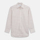 The Turnbull & Asser Red Multi Check Regular Fit Cotton-Cashmere Shirt features a T&A collar, 3 button cuffs, and a multicolored check pattern on white, shown laid flat against a white surface.
