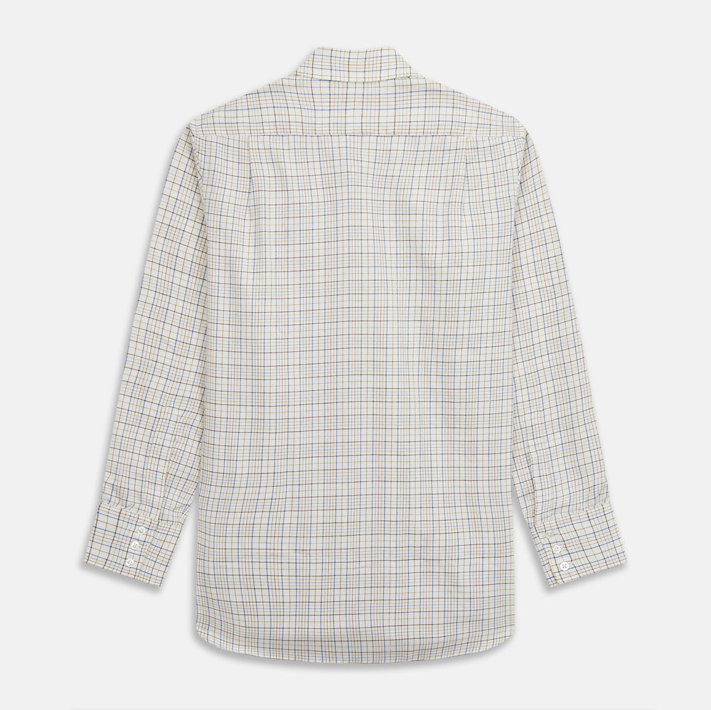 The Turnbull & Asser Brown Multi Check Regular Fit Cotton-Cashmere Shirt features a white base with blue, yellow, and brown checks, T&A collar, and 3 button cuffs for a smart-casual look.