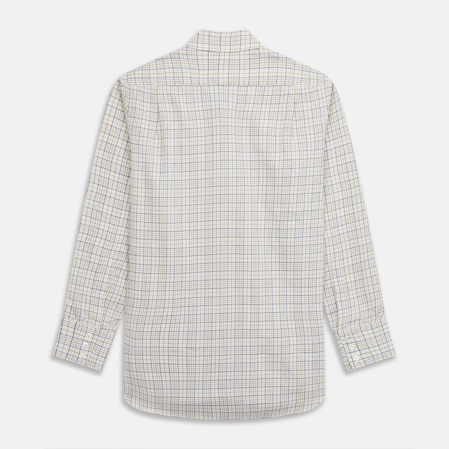 View 5 of product The Turnbull & Asser Brown Multi Check Regular Fit Cotton-Cashmere Shirt features a white base with blue, yellow, and brown checks, T&A collar, and 3 button cuffs for a smart-casual look.