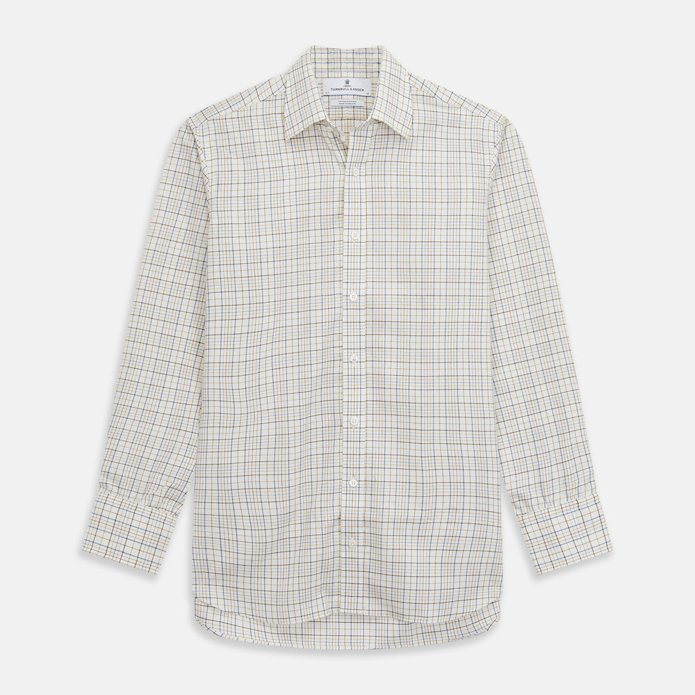 The Turnbull & Asser Brown Multi Check Regular Fit Cotton-Cashmere Shirt features a white base with blue, yellow, and brown checks, T&A collar, and 3 button cuffs for a smart-casual look.
