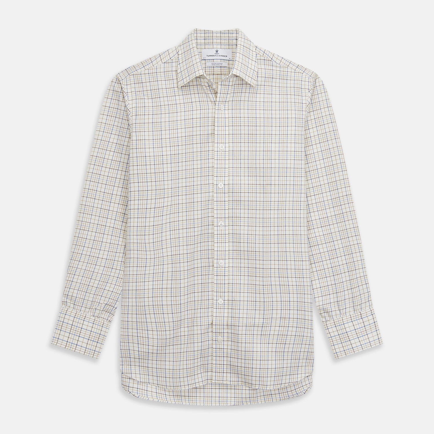View 1 of product The Turnbull & Asser Brown Multi Check Regular Fit Cotton-Cashmere Shirt features a white base with blue, yellow, and brown checks, T&A collar, and 3 button cuffs for a smart-casual look.