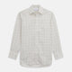 The Turnbull & Asser Brown Multi Check Regular Fit Cotton-Cashmere Shirt features a white base with blue, yellow, and brown checks, T&A collar, and 3 button cuffs for a smart-casual look.