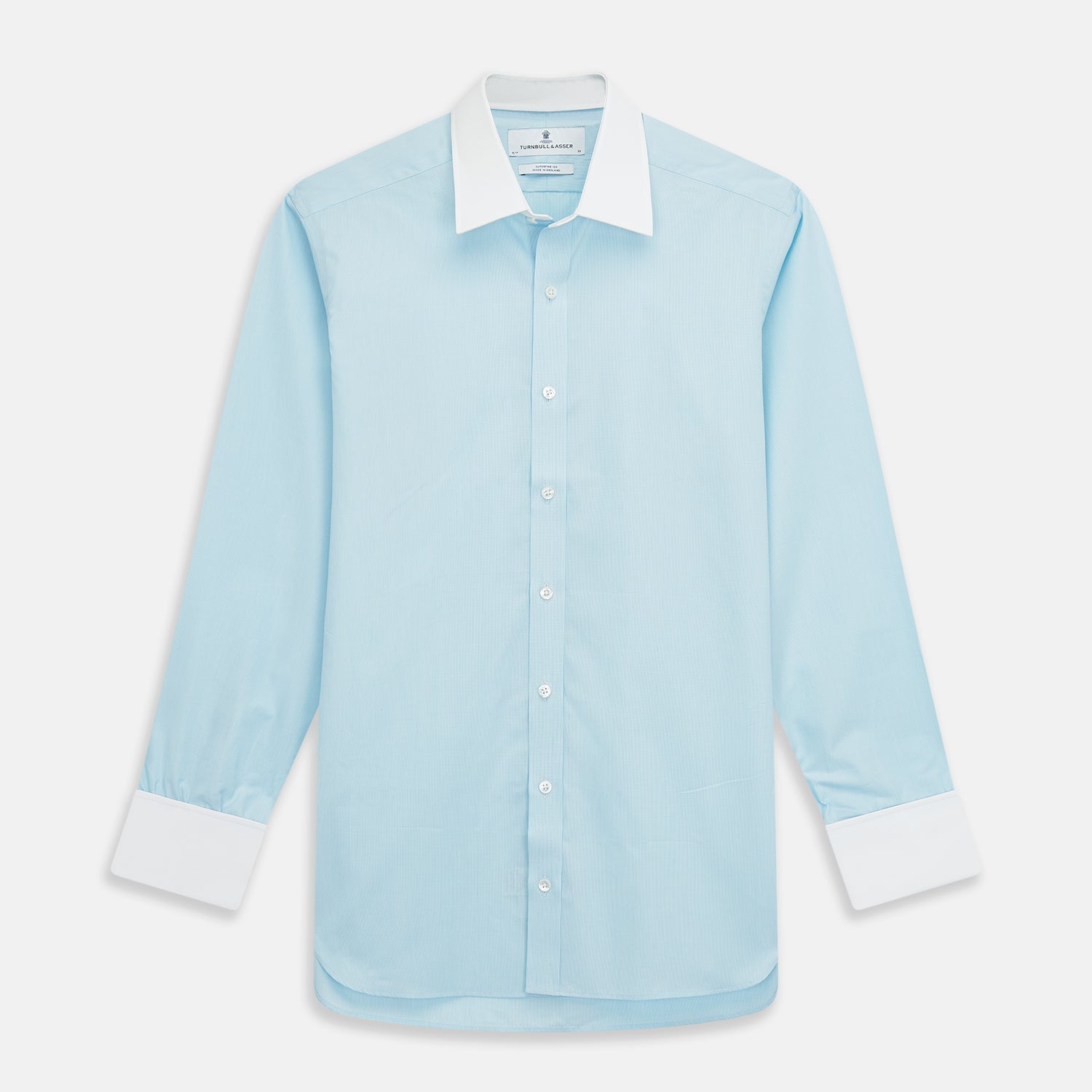 View 1 of product Green micro-check regular fit shirt by Turnbull & Asser, featuring a white T&A collar, double cuffs, and button-down front, laid flat on a white background.