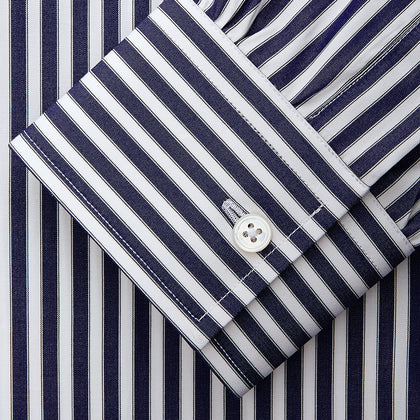 Navy & White Stripe Weekend Fit Shirt with Derby Collar and Single Button Cuffs Image 3