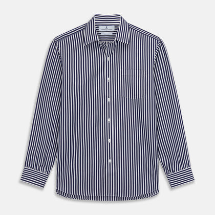 Navy & White Stripe Weekend Fit Shirt with Derby Collar and Single Button Cuffs Image 1