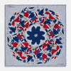 View 1 of product The Blue and Red Foliage Pattern Silk Pocket Square by Turnbull & Asser features intricate symmetrical leaves and flowers in red, blue, and navy on a light grey silk background, creating an elegant circular motif.