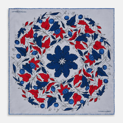 Blue and Red Foliage Pattern Silk Pocket Square
