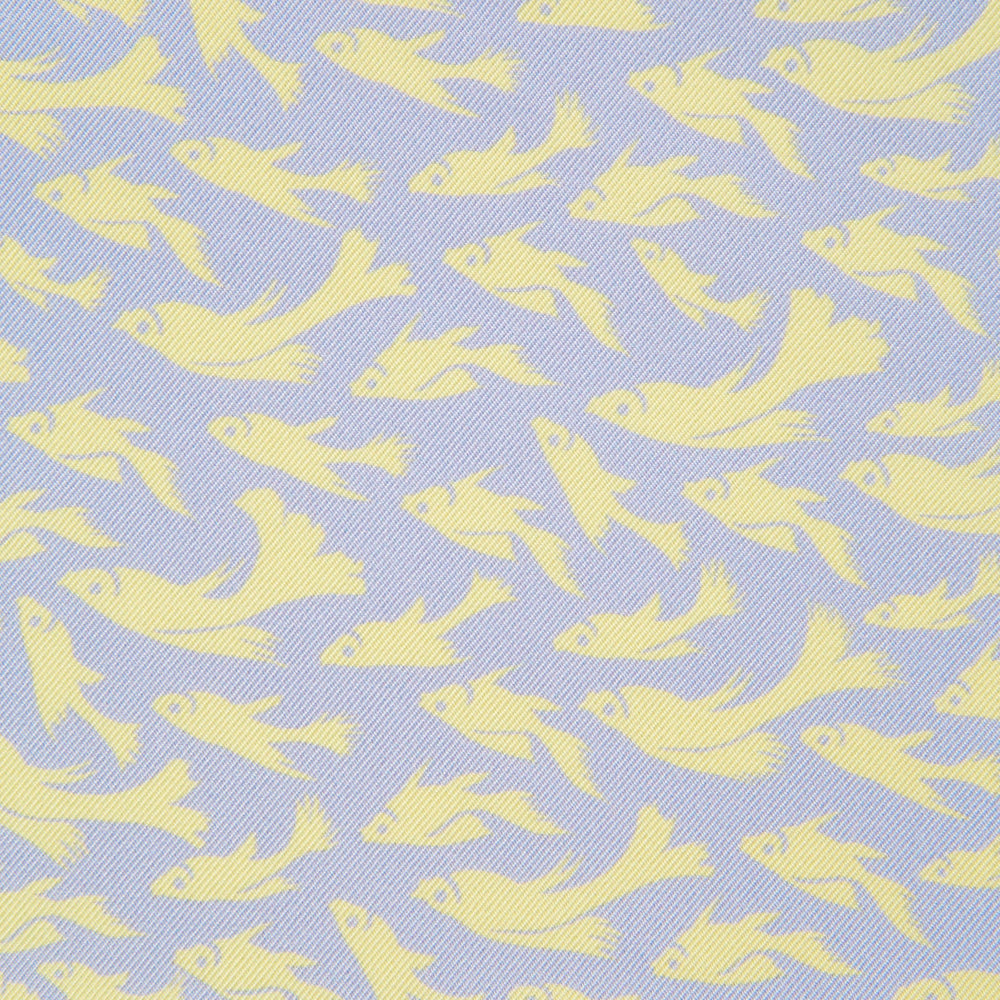 Turnbull & Asser’s Pale Blue and Lemon Fish Mosaic Silk Pocket Square features beige fish silhouettes forming a dense border around a white and yellow center, inspired by Mediterranean mosaics—ideal for adding artistic flair to your attire.