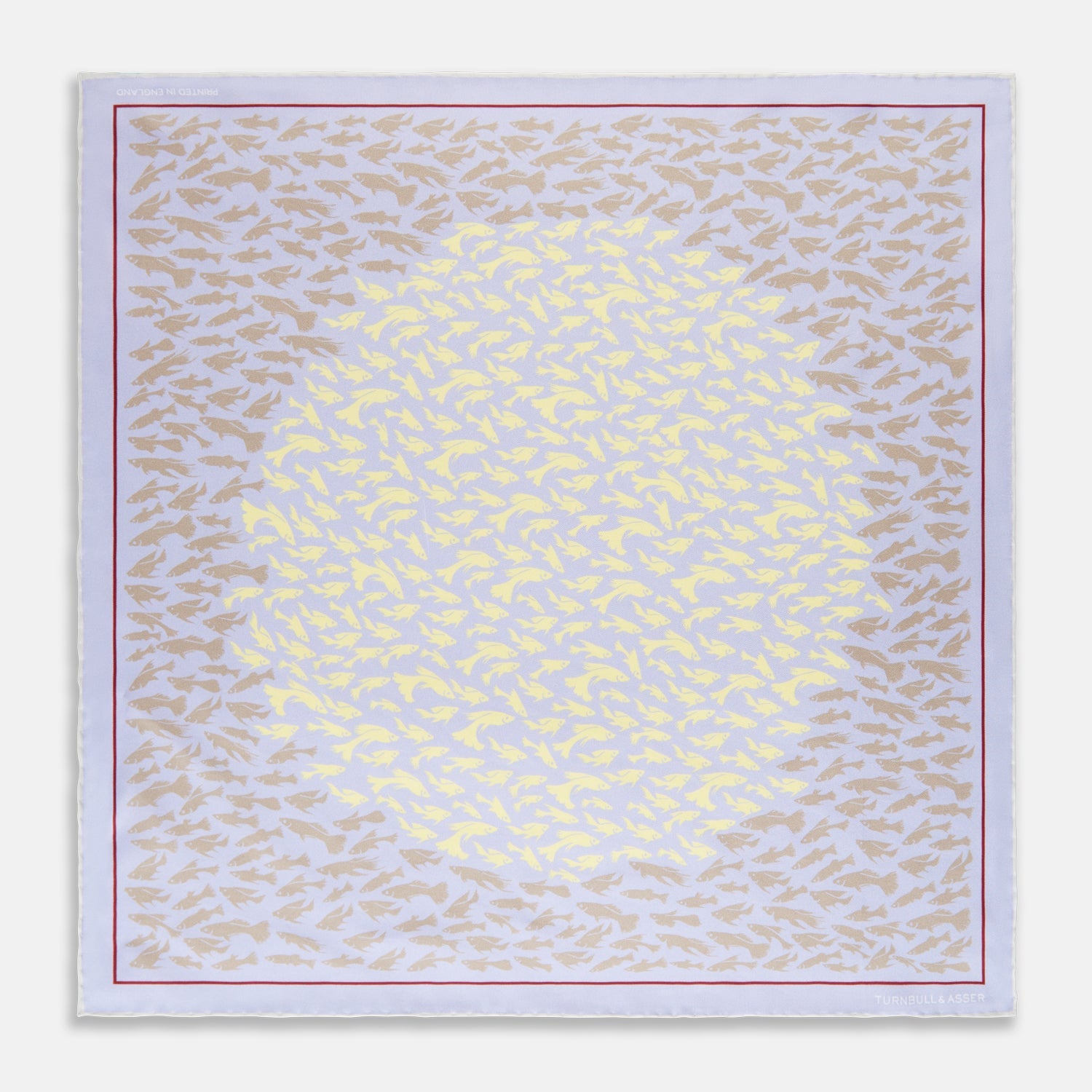 View 1 of product Turnbull & Asser’s Pale Blue and Lemon Fish Mosaic Silk Pocket Square features beige fish silhouettes forming a dense border around a white and yellow center, inspired by Mediterranean mosaics—ideal for adding artistic flair to your attire.