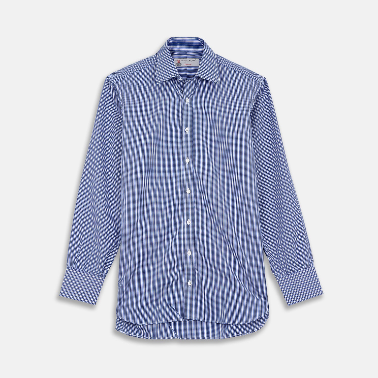 View 1 of product The Turnbull & Asser Navy Rich Check Shirt features a T&A collar, 3-button cuffs, and a checked pattern, shown laid flat on a white background.