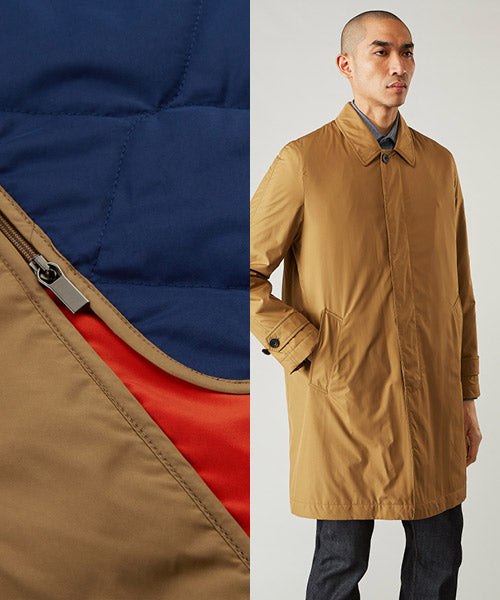 A man wearing a tan raincoat stands with hands in pockets; next to him is a close-up of the coat’s fabric, showing blue, tan, and red quilted lining with a visible zipper.