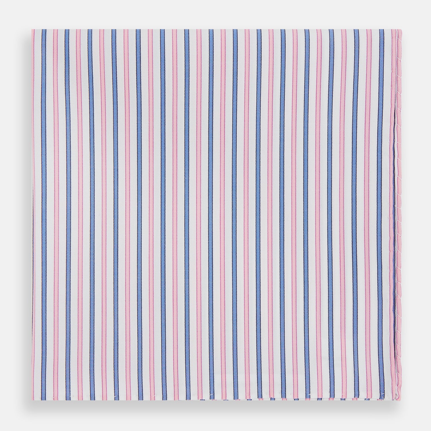 View 1 of product The Turnbull & Asser Hand Rolled Pink and Blue Track Stripe Handkerchief is a cotton square with blue, pink, and purple stripes on white, finished with a hand-rolled pink edge—an elegant addition to formal attire.