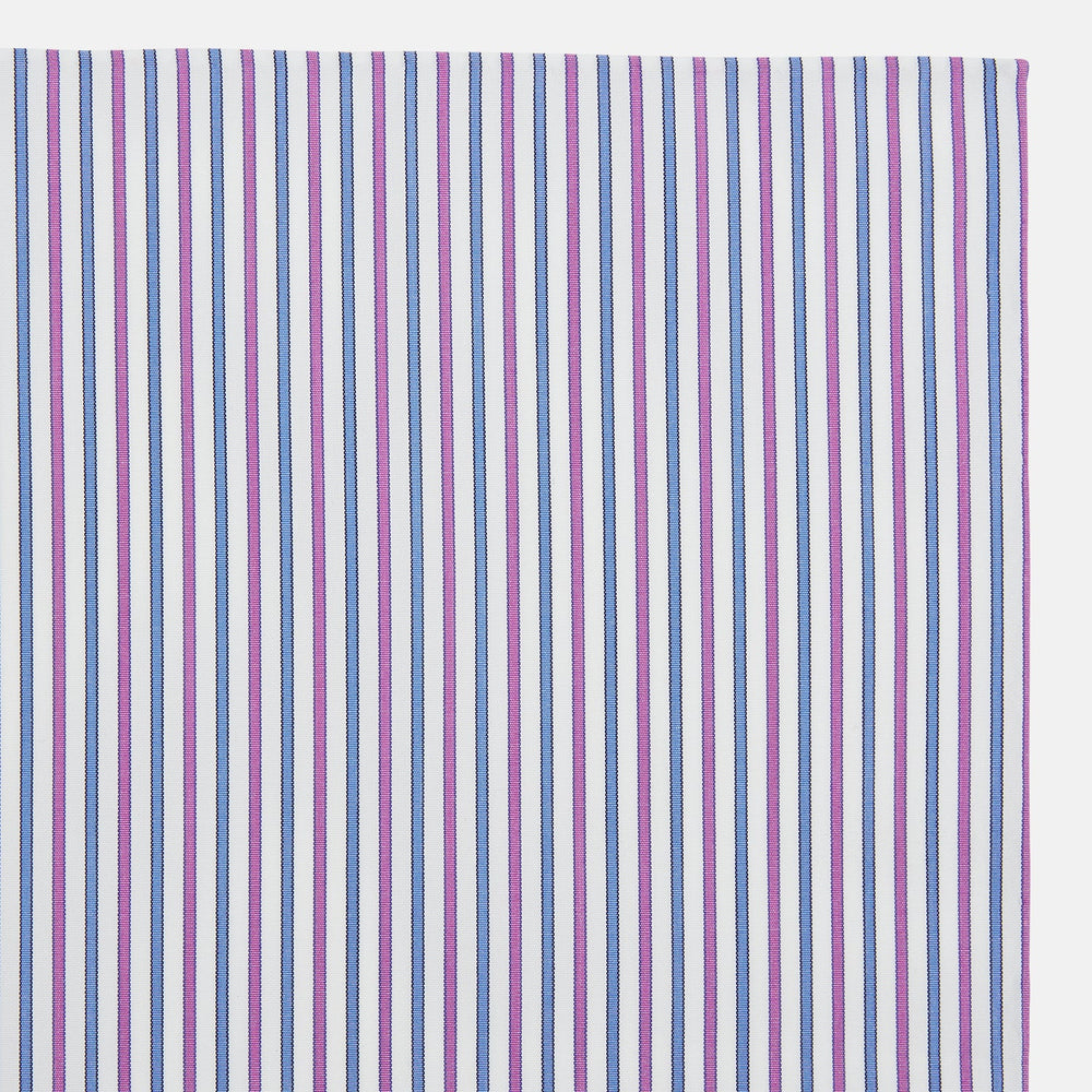 The Turnbull & Asser Hand Rolled Purple and Blue Track Stripe Handkerchief features alternating blue and purple stripes on white cotton—an elegant formal accessory displayed on a plain white background.