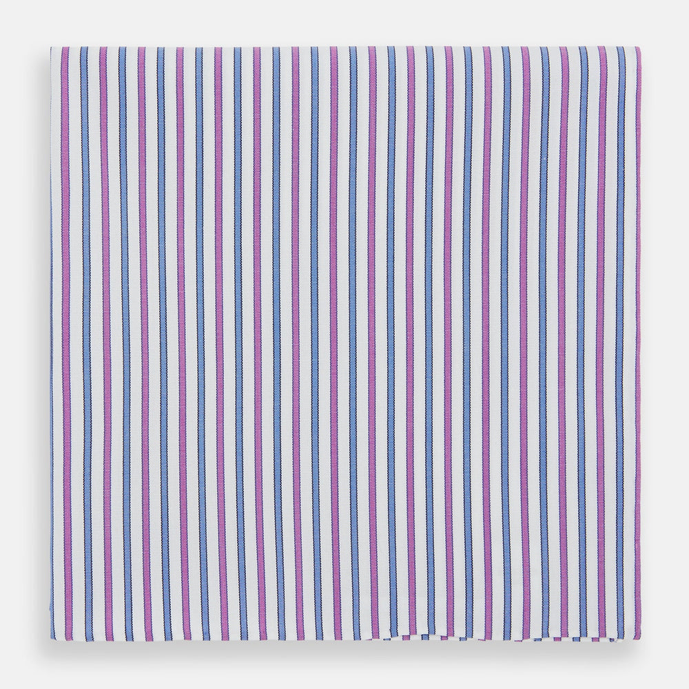 The Turnbull & Asser Hand Rolled Purple and Blue Track Stripe Handkerchief features alternating blue and purple stripes on white cotton—an elegant formal accessory displayed on a plain white background.